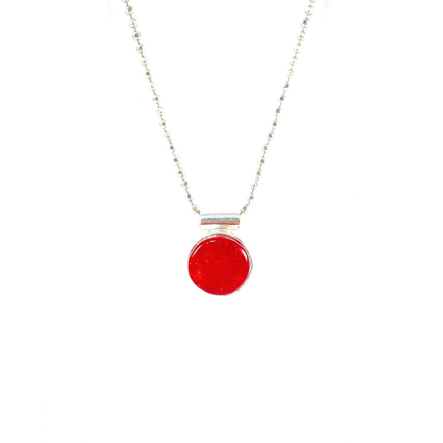 Circle cherry red small necklace, glass jewelry, glass and silver jewelry, handmade, handcrafted, American Craft, hand fabricated jewelry, hand fabricated jewellery, Athen, Georgia, colorful jewelry, sparkle, bullseye glass, dichroic glass, art jewelry