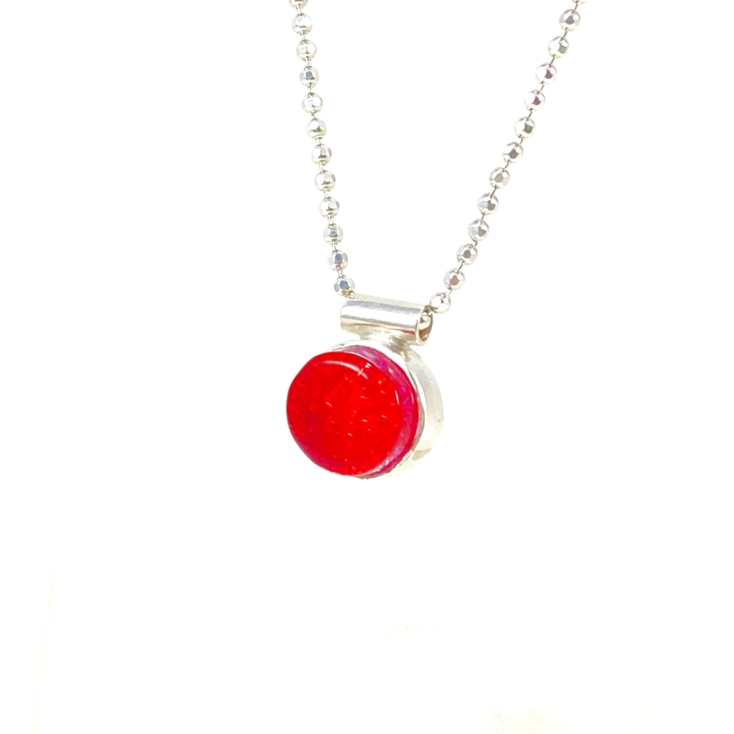 Circle cherry red small necklace, glass jewelry, glass and silver jewelry, handmade, handcrafted, American Craft, hand fabricated jewelry, hand fabricated jewellery, Athen, Georgia, colorful jewelry, sparkle, bullseye glass, dichroic glass, art jewelry