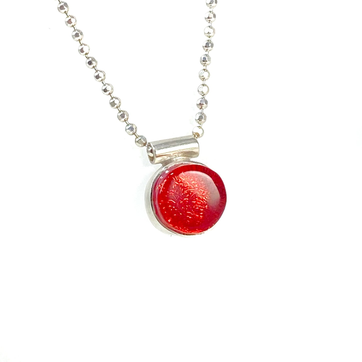 Circle cherry red small necklace, glass jewelry, glass and silver jewelry, handmade, handcrafted, American Craft, hand fabricated jewelry, hand fabricated jewellery, Athen, Georgia, colorful jewelry, sparkle, bullseye glass, dichroic glass, art jewelry