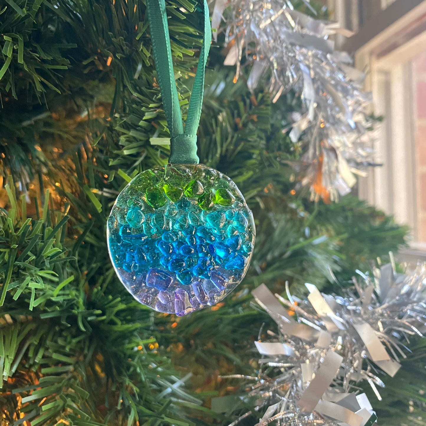 Frit Circle Ornament in Green, Blue & Purple