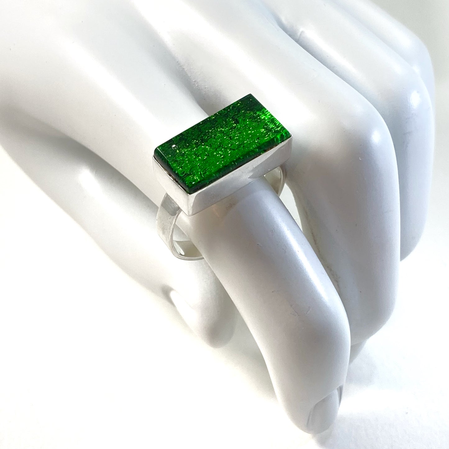 forest green rectangle ring, fused glass, glass jewelry, glass and silver jewelry, handmade, handcrafted, American Craft, hand fabricated jewelry, hand fabricated jewellery, Athens, Georgia, colorful jewelry, sparkle, bullseye glass, dichroic glass, art jewelry