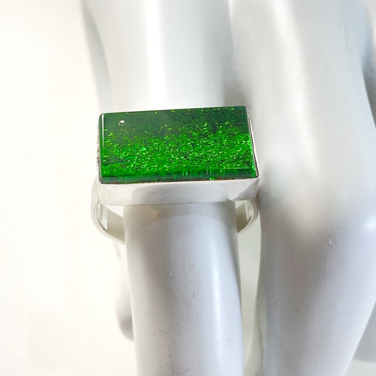 forest green rectangle ring, fused glass, glass jewelry, glass and silver jewelry, handmade, handcrafted, American Craft, hand fabricated jewelry, hand fabricated jewellery, Athens, Georgia, colorful jewelry, sparkle, bullseye glass, dichroic glass, art jewelry