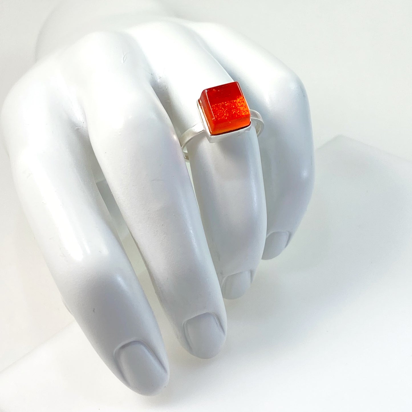 orange square ring, fused glass, glass jewelry, glass and silver jewelry, handmade, handcrafted, American Craft, hand fabricated jewelry, hand fabricated jewellery, Athens, Georgia, colorful jewelry, sparkle, bullseye glass, dichroic glass, art jewelry