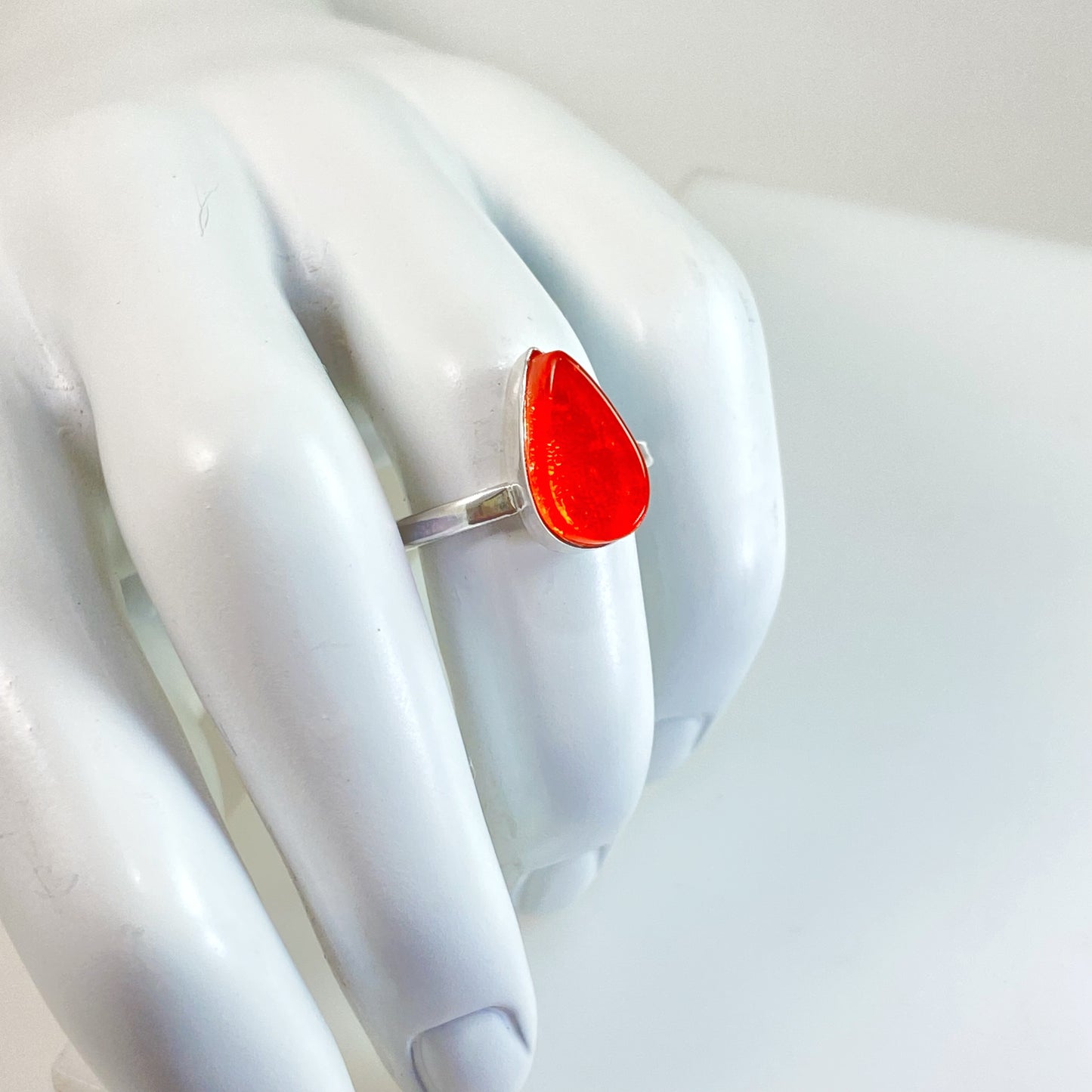 orange teardrop glass ring, fused glass, glass jewelry, glass and silver jewelry, handmade, handcrafted, American Craft, hand fabricated jewelry, hand fabricated jewellery, Athen, Georgia, colorful jewelry, sparkle, bullseye glass, dichroic glass, art jewelry