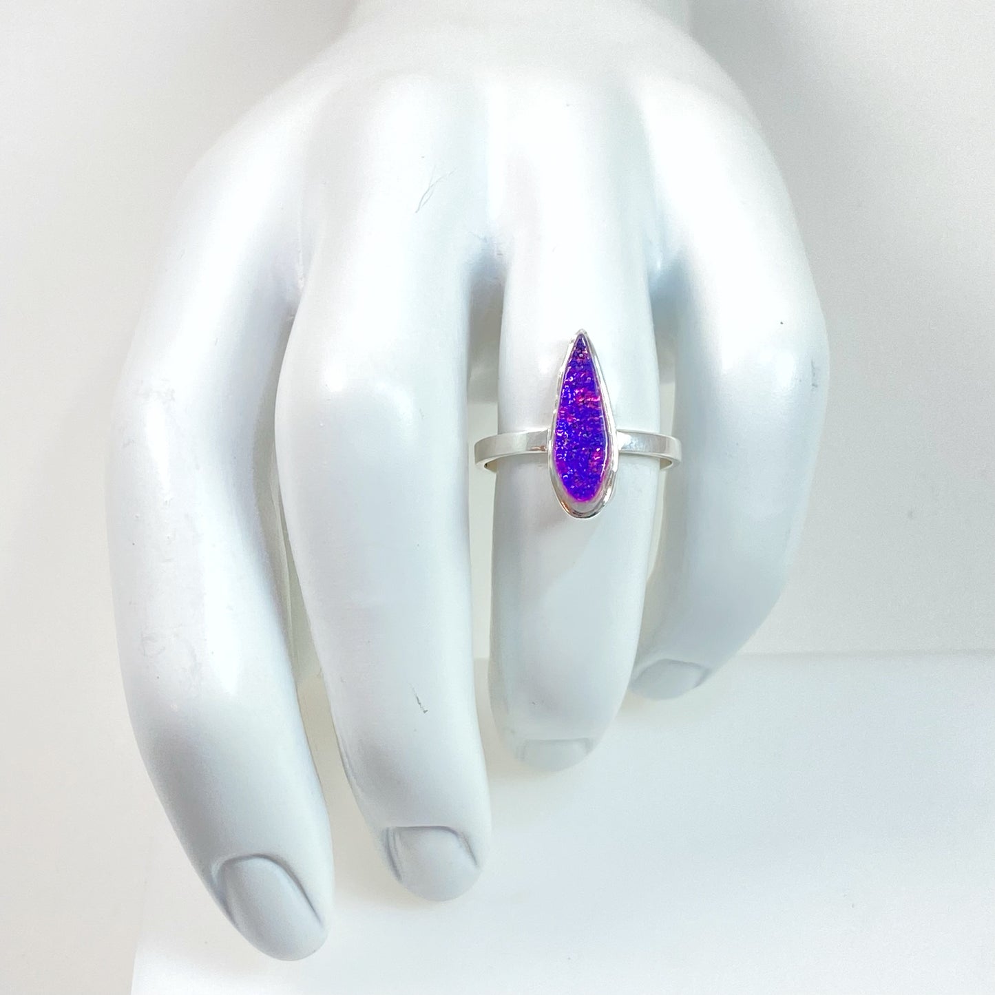 purple glass teardrop ring, fused glass, glass jewelry, glass and silver jewelry, handmade, handcrafted, American Craft, hand fabricated jewelry, hand fabricated jewellery, Athen, Georgia, colorful jewelry, sparkle, bullseye glass, dichroic glass, art jewelry