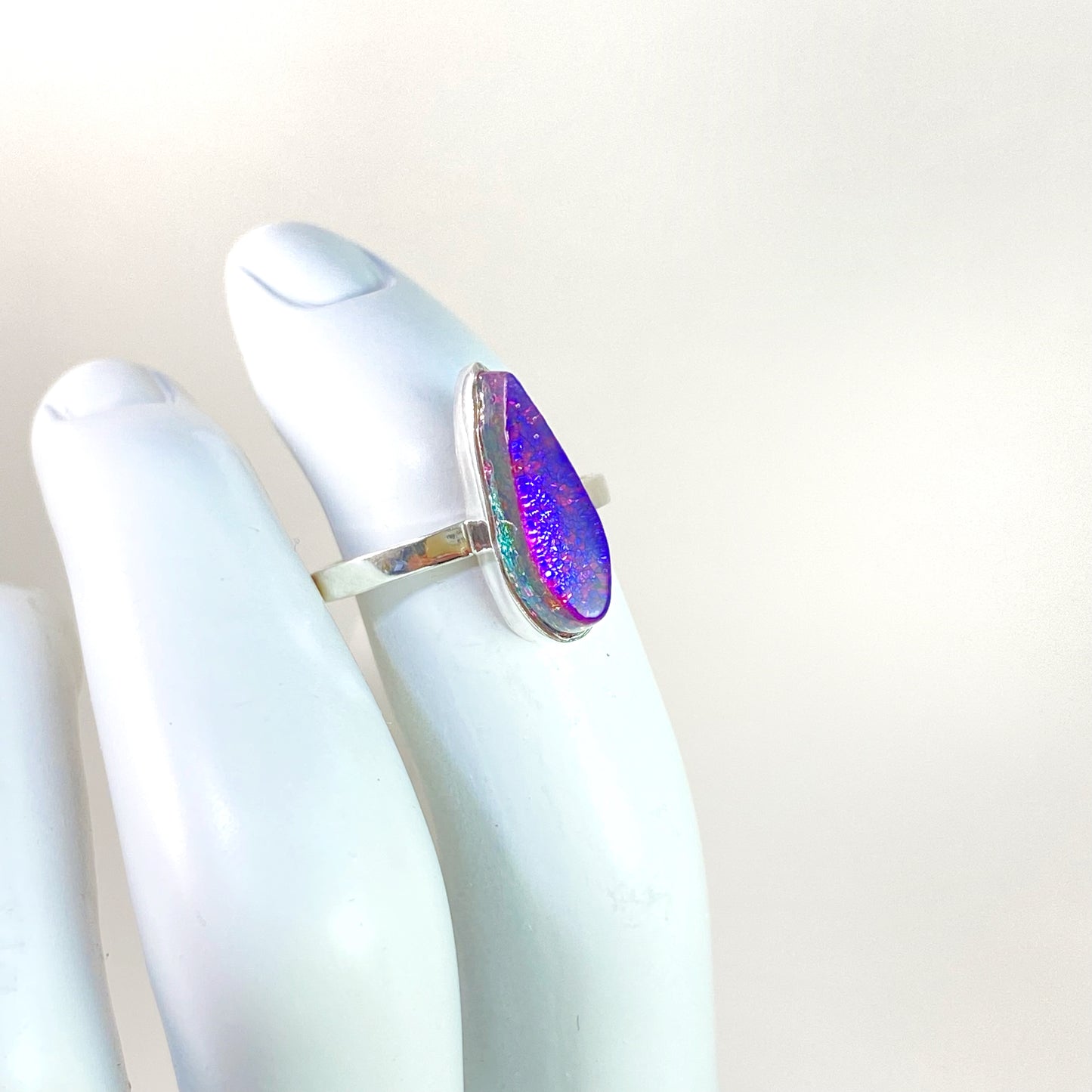 purple glass teardrop ring, fused glass, glass jewelry, glass and silver jewelry, handmade, handcrafted, American Craft, hand fabricated jewelry, hand fabricated jewellery, Athen, Georgia, colorful jewelry, sparkle, bullseye glass, dichroic glass, art jewelry