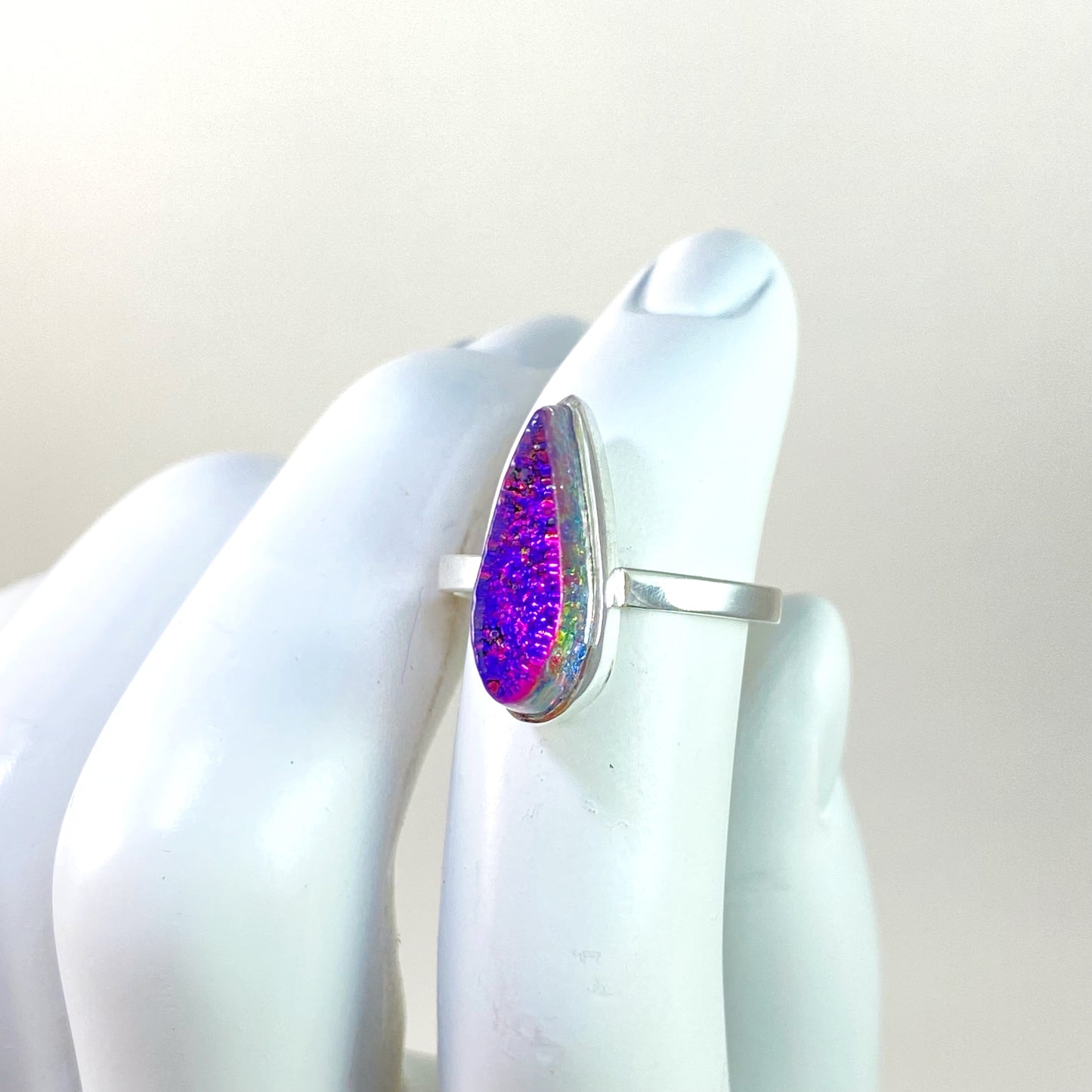 purple glass teardrop ring, fused glass, glass jewelry, glass and silver jewelry, handmade, handcrafted, American Craft, hand fabricated jewelry, hand fabricated jewellery, Athen, Georgia, colorful jewelry, sparkle, bullseye glass, dichroic glass, art jewelry