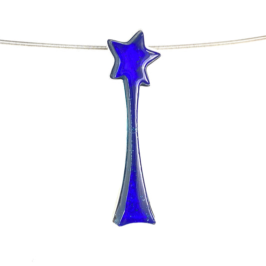 Shooting star neclace in cobalt blue, purple and orange glass, fused glass, glass jewelry, glass and silver jewelry, handmade, handcrafted, American Craft, hand fabricated jewelry, hand fabricated jewellery, Athen, Georgia, colorful jewelry, sparkle, bullseye glass, dichroic glass, art jewelry