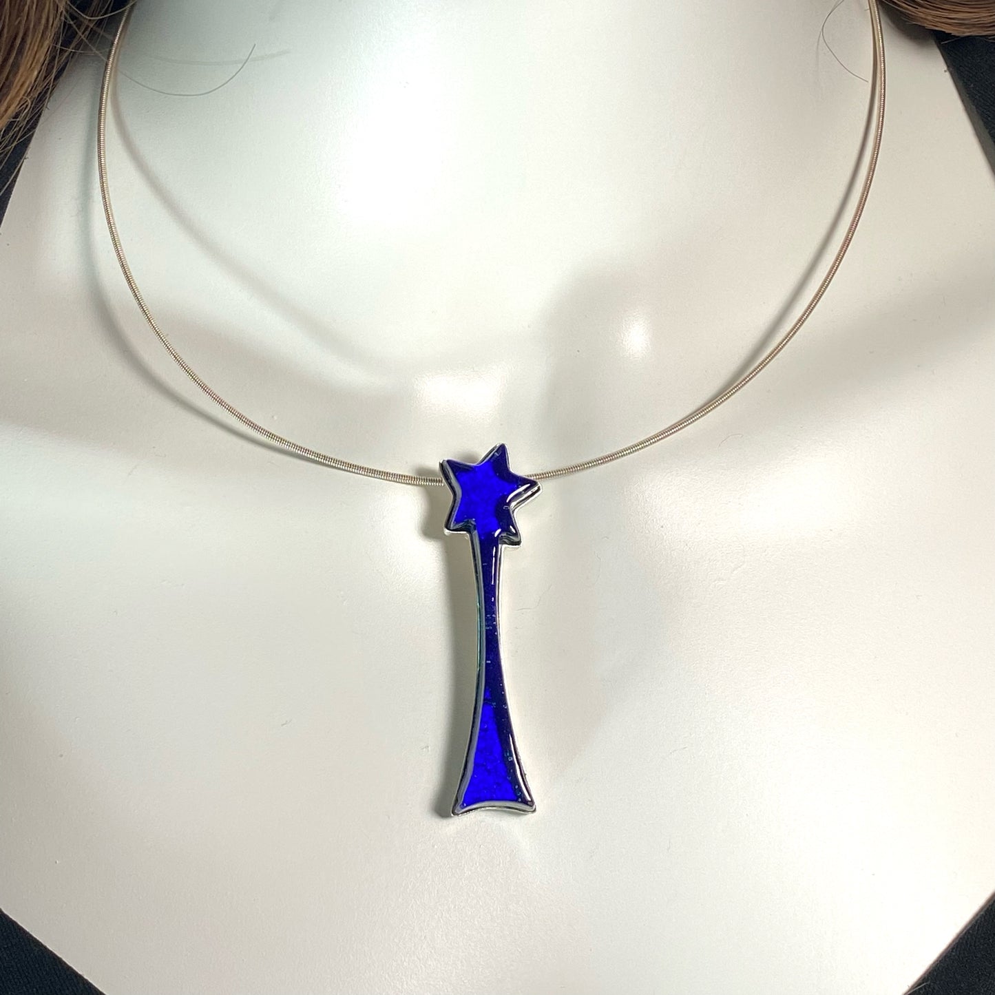 Shooting star neclace in cobalt blue, purple and orange glass, fused glass, glass jewelry, glass and silver jewelry, handmade, handcrafted, American Craft, hand fabricated jewelry, hand fabricated jewellery, Athen, Georgia, colorful jewelry, sparkle, bullseye glass, dichroic glass, art jewelry
