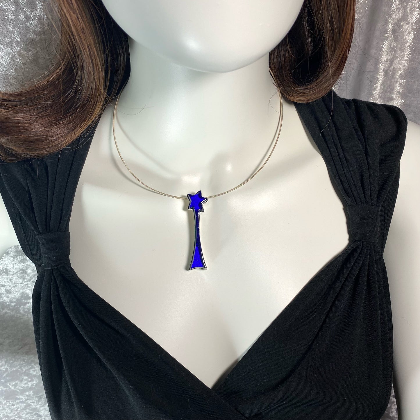 Shooting star neclace in cobalt blue, purple and orange glass, fused glass, glass jewelry, glass and silver jewelry, handmade, handcrafted, American Craft, hand fabricated jewelry, hand fabricated jewellery, Athen, Georgia, colorful jewelry, sparkle, bullseye glass, dichroic glass, art jewelry