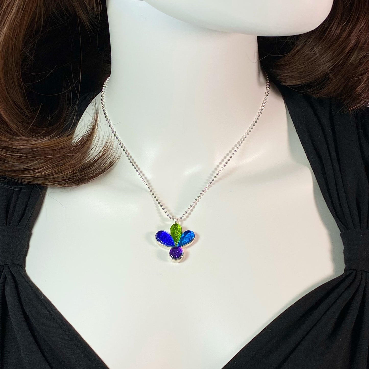 blossom flower necklace, blue, green, purple, fused glass, glass jewelry, glass and silver jewelry, handmade, handcrafted, American Craft, hand fabricated jewelry, hand fabricated jewellery, Athen, Georgia, colorful jewelry, sparkle, bullseye glass, dichroic glass, art jewelry