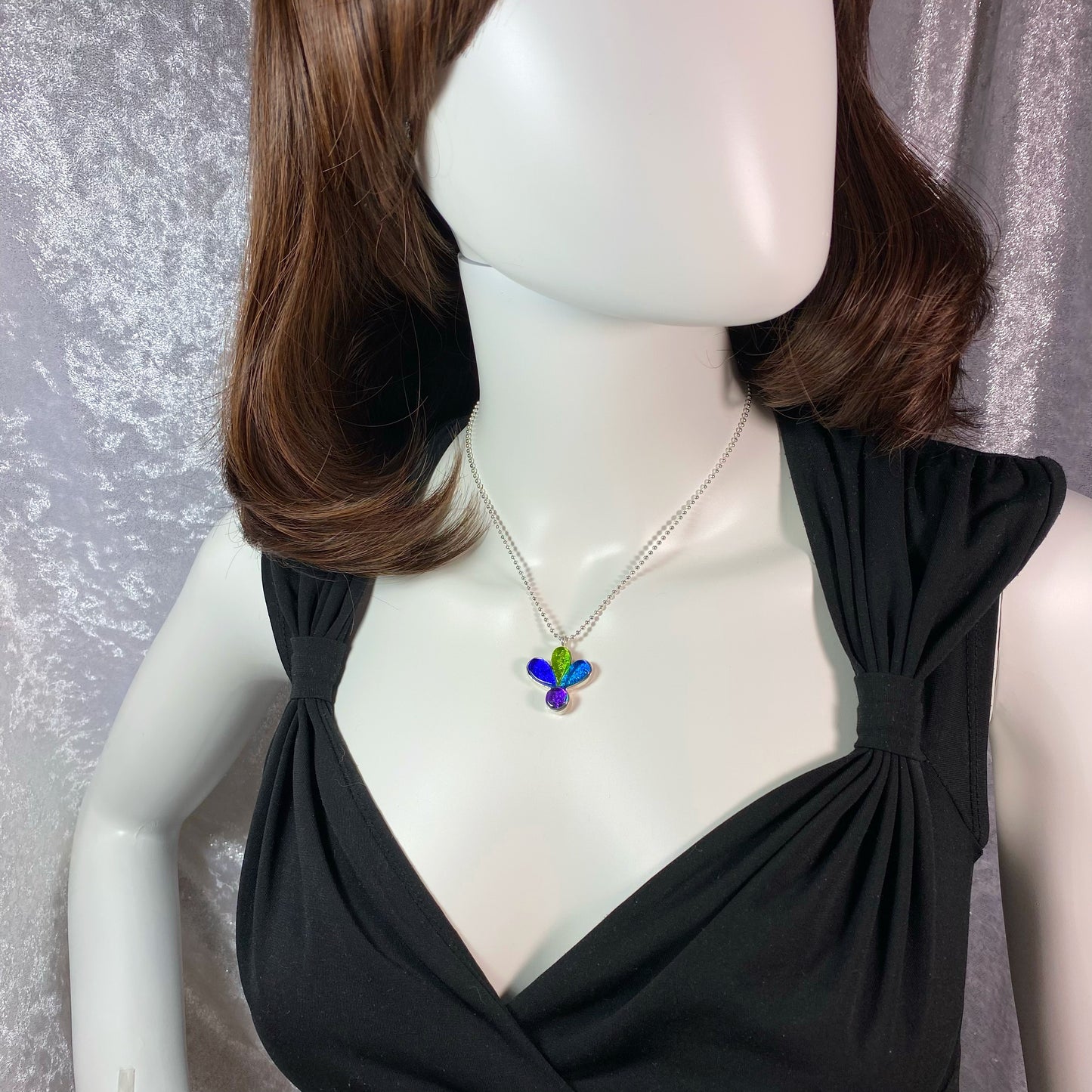 blossom flower necklace, blue, green, purple, fused glass, glass jewelry, glass and silver jewelry, handmade, handcrafted, American Craft, hand fabricated jewelry, hand fabricated jewellery, Athen, Georgia, colorful jewelry, sparkle, bullseye glass, dichroic glass, art jewelry