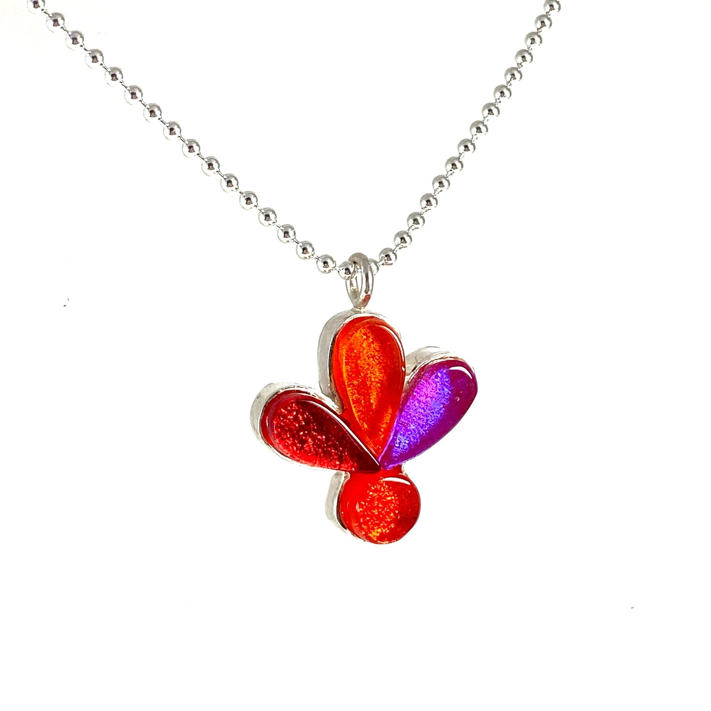 blossom flower necklace, pendant, red, orange, pink, fused glass, glass jewelry, glass and silver jewelry, handmade, handcrafted, American Craft, hand fabricated jewelry, hand fabricated jewellery, Athen, Georgia, colorful jewelry, sparkle, bullseye glass, dichroic glass, art jewelry