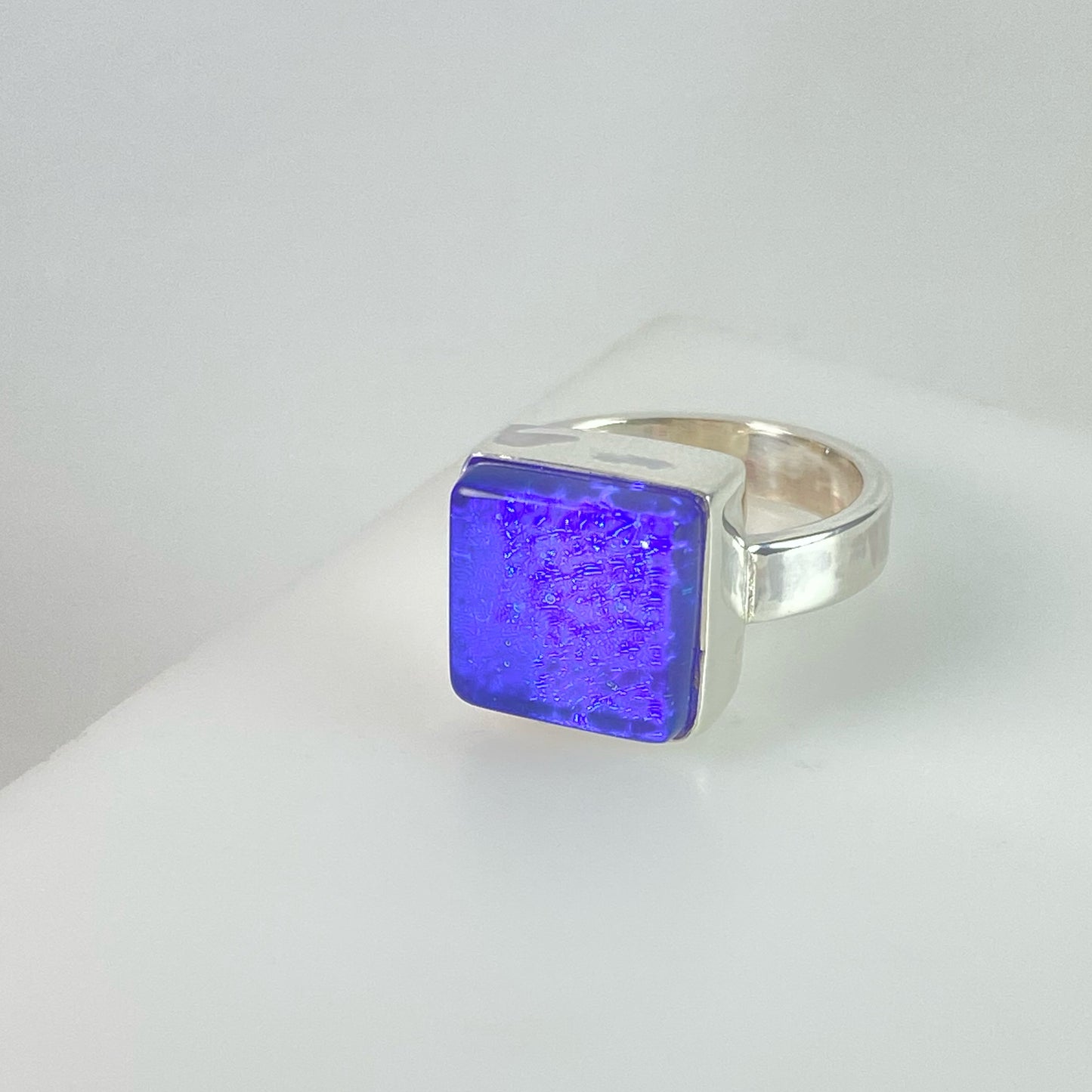 purple square ring, fused glass, glass jewelry, glass and silver jewelry, handmade, handcrafted, American Craft, hand fabricated jewelry, hand fabricated jewellery, Athens, Georgia, colorful jewelry, sparkle, bullseye glass, dichroic glass, art jewelry