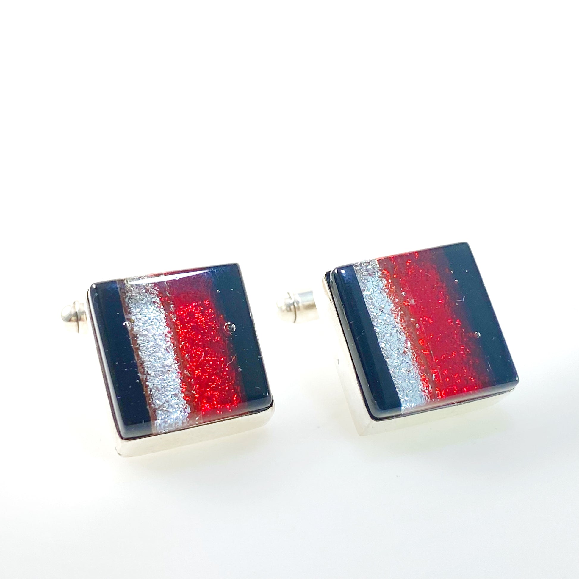 striped glass, cufflinks, fused glass, glass jewelry, glass and silver jewelry, handmade, handcrafted, American Craft, hand fabricated jewelry, hand fabricated jewellery, Athens, Georgia, colorful jewelry, sparkle, bullseye glass, dichroic glass, art jewelry