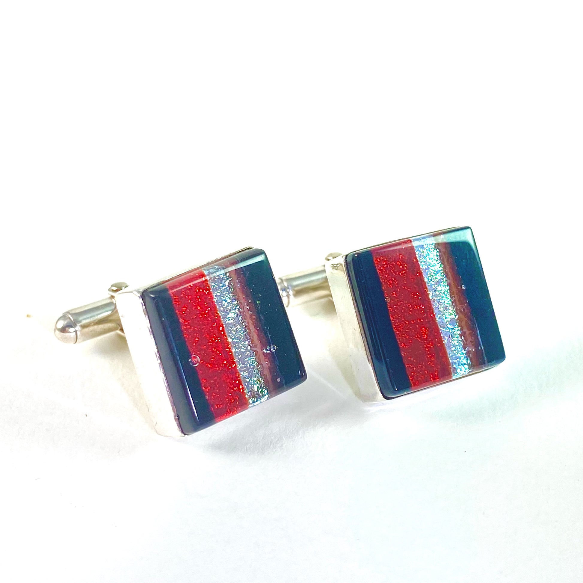 striped glass, cufflinks, fused glass, glass jewelry, glass and silver jewelry, handmade, handcrafted, American Craft, hand fabricated jewelry, hand fabricated jewellery, Athens, Georgia, colorful jewelry, sparkle, bullseye glass, dichroic glass, art jewelry