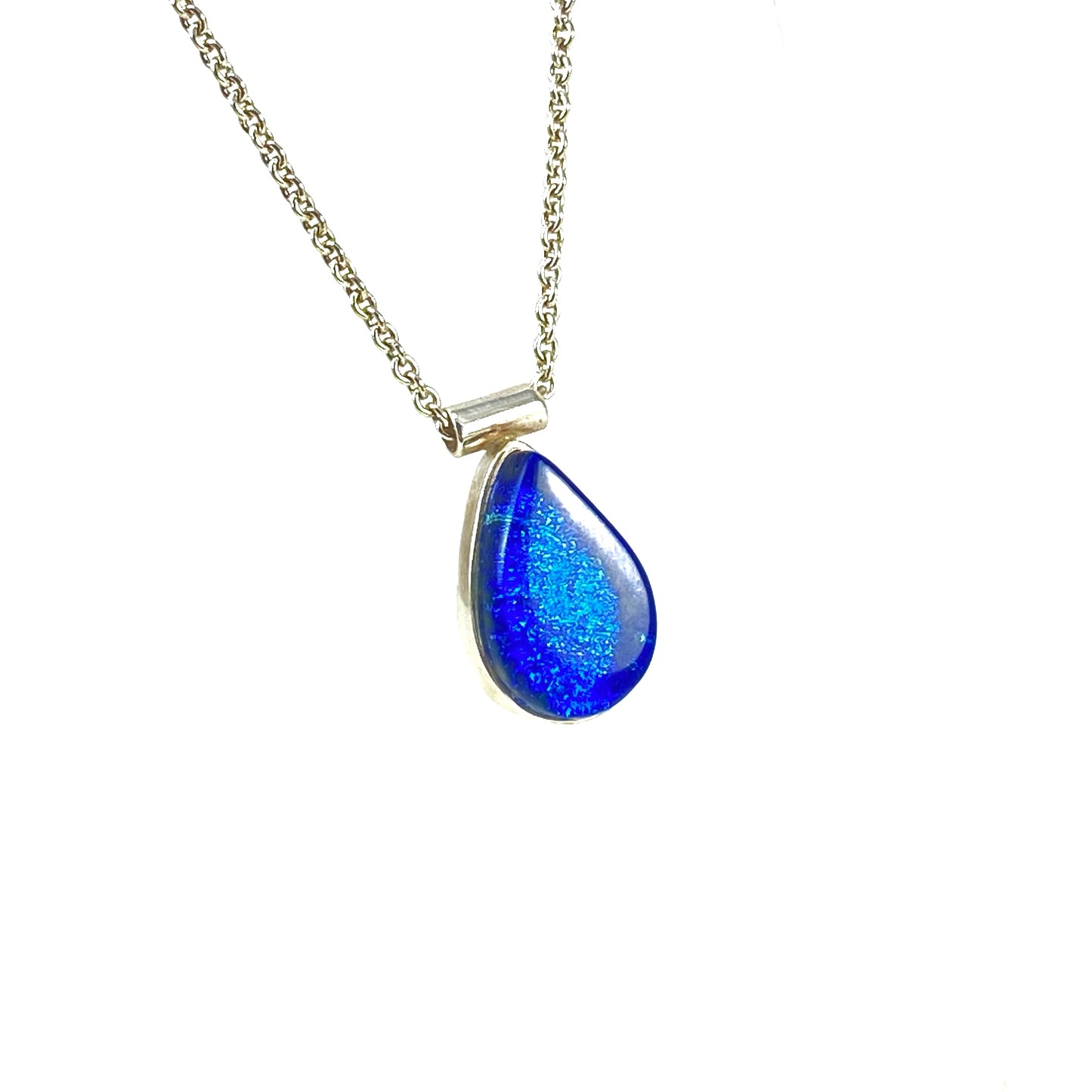 Teardrop peacock blue glass small necklace, sterling silver cable chain, glass jewelry, glass and silver jewelry, handmade, handcrafted, American Craft, hand fabricated jewelry, hand fabricated jewellery, Athen, Georgia, colorful jewelry, sparkle, bullseye glass, dichroic glass, art jewelry