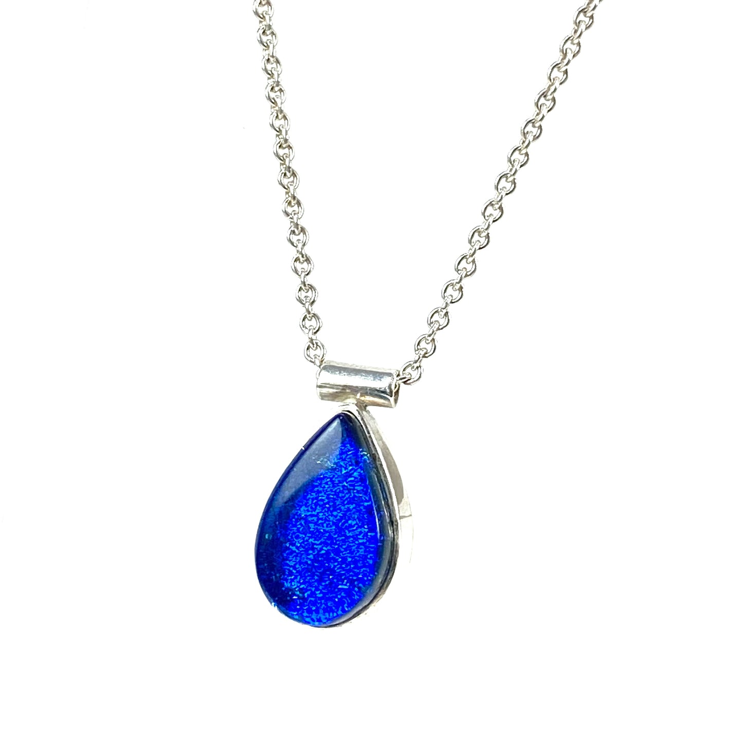 Teardrop peacock blue glass small necklace, sterling silver cable chain, glass jewelry, glass and silver jewelry, handmade, handcrafted, American Craft, hand fabricated jewelry, hand fabricated jewellery, Athen, Georgia, colorful jewelry, sparkle, bullseye glass, dichroic glass, art jewelry