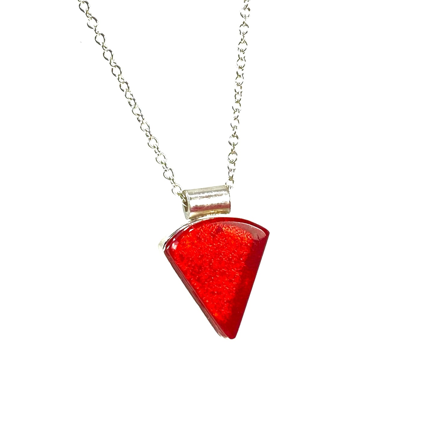 Triangle cherry red glass small necklace, sterling silver cable chain, glass jewelry, glass and silver jewelry, handmade, handcrafted, American Craft, hand fabricated jewelry, hand fabricated jewellery, Athen, Georgia, colorful jewelry, sparkle, bullseye glass, dichroic glass, art jewelry
