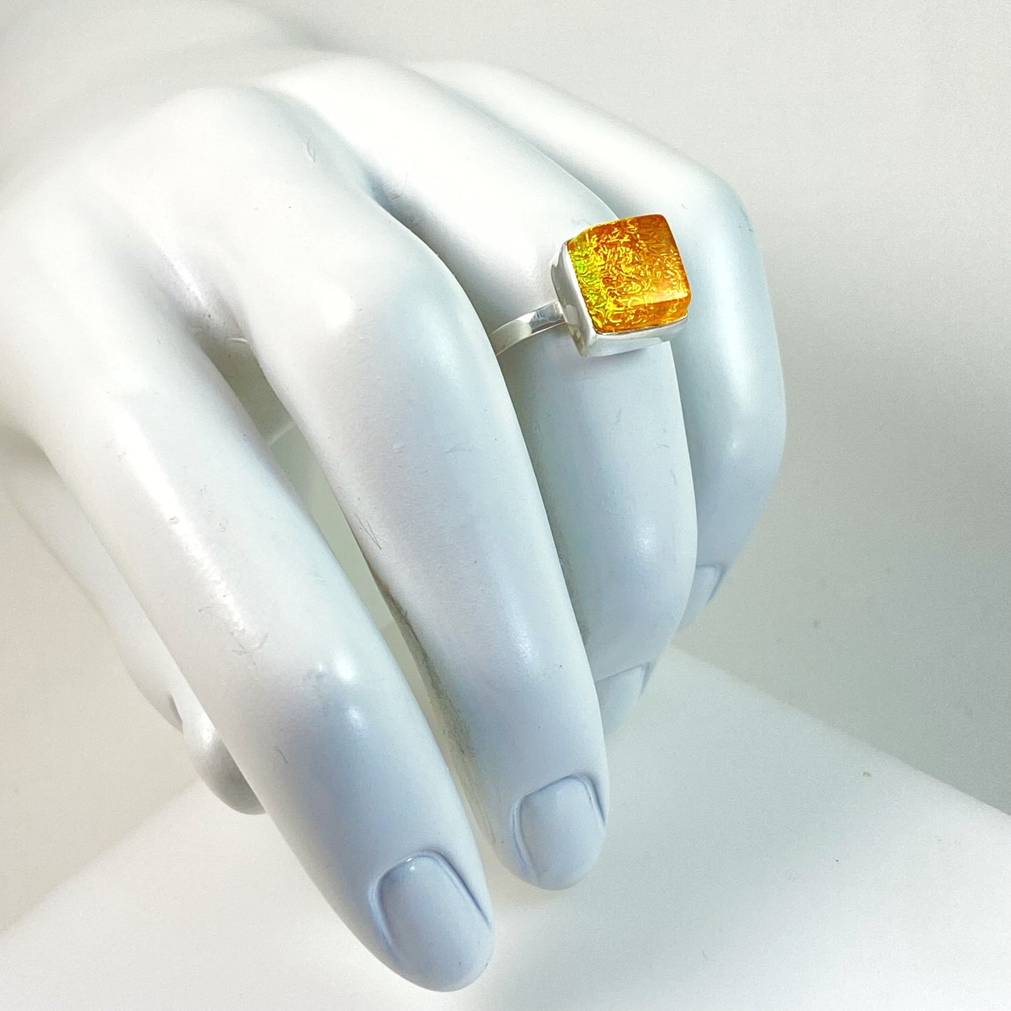 sunshine yellow glass square ring, fused glass, glass jewelry, glass and silver jewelry, handmade, handcrafted, American Craft, hand fabricated jewelry, hand fabricated jewellery, Athen, Georgia, colorful jewelry, sparkle, bullseye glass, dichroic glass, art jewelry