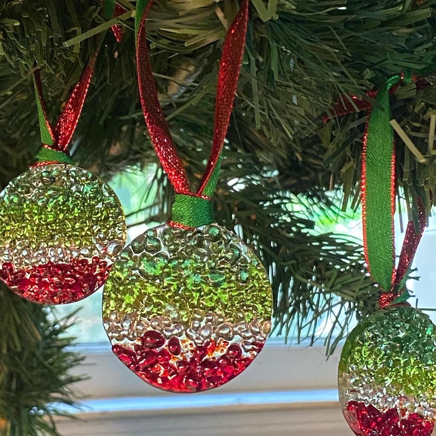 Three (3) Frit Circle Ornaments in Red, Green & Clear