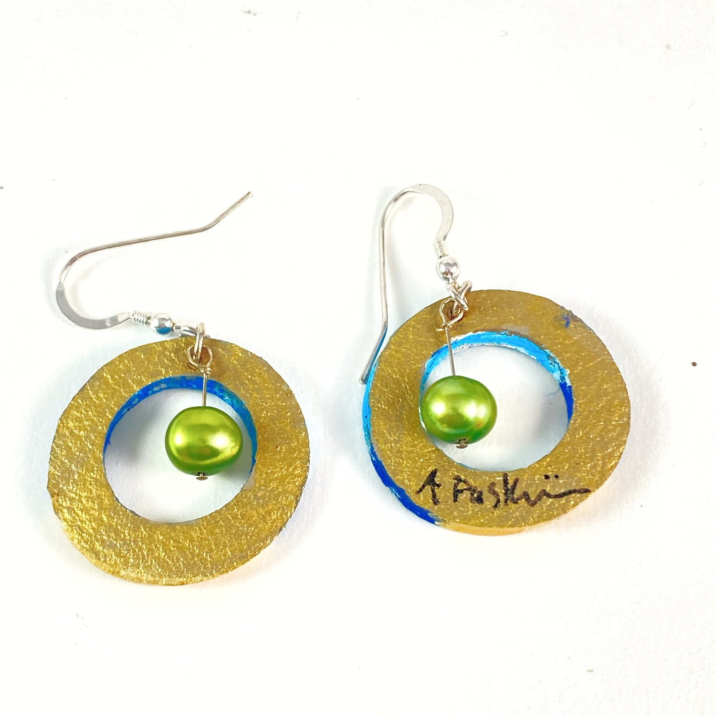 Circle Beach Earrings with Green Pearl