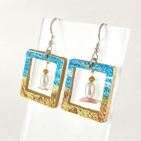 Square Beach Earrings with Pearl and Coral