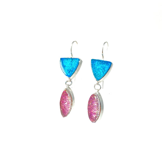 Small Double Drop Earrings in Aqua and Pink