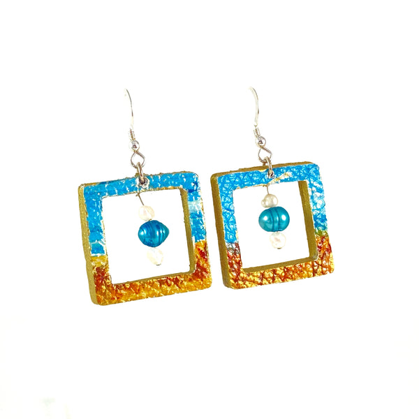 Square Beach Earrings with Blue Pearl