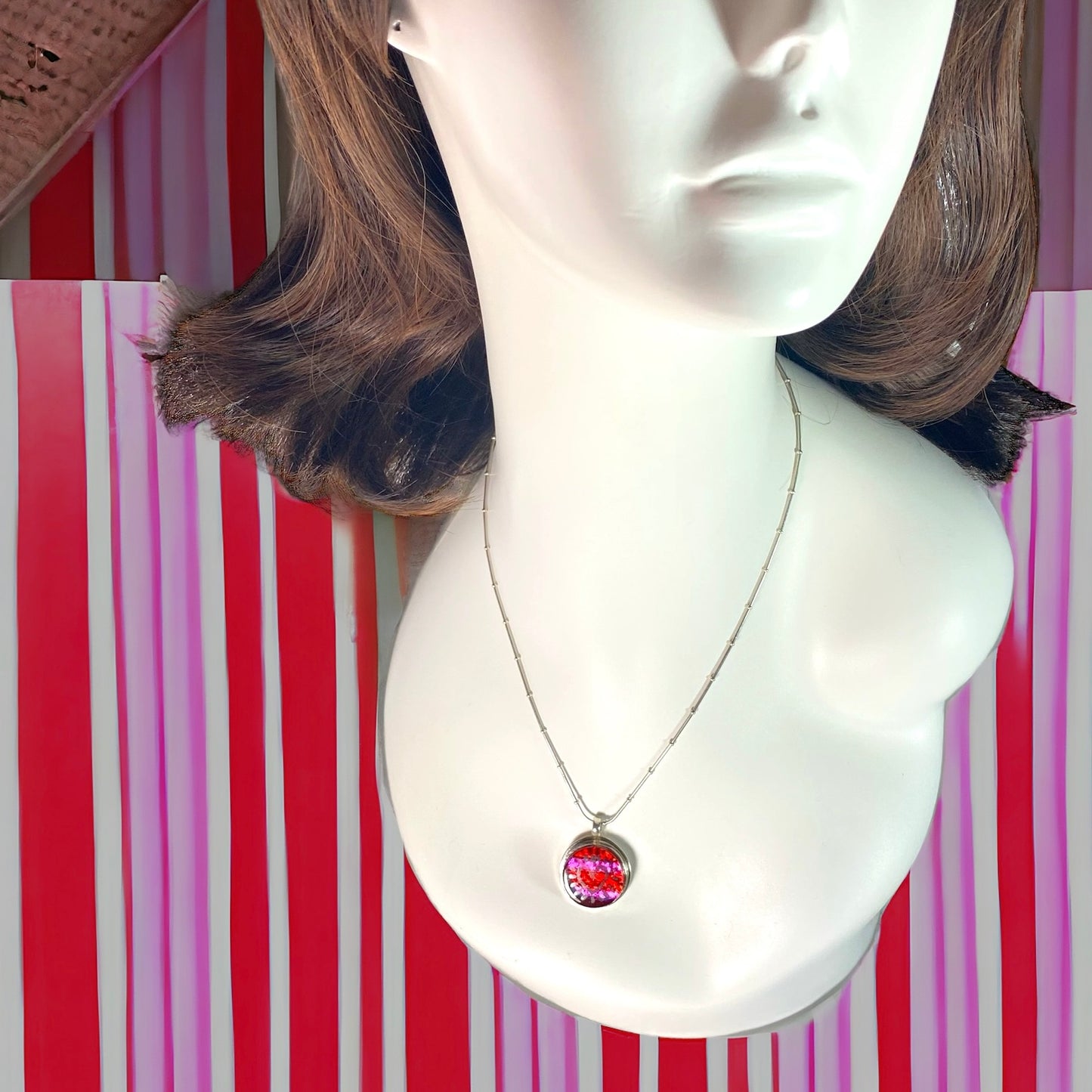 Painted Heart Necklace in Stripes with Cherry & Flamingo