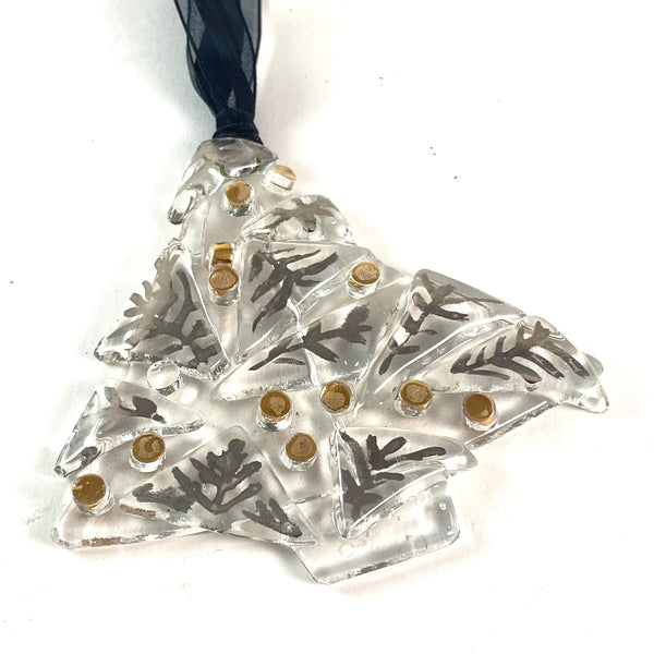 single 3 1/2 inches wide by 3 1/4 inch tall abstract clear tree ornament with silver luster leaves and gold luster balls fired on