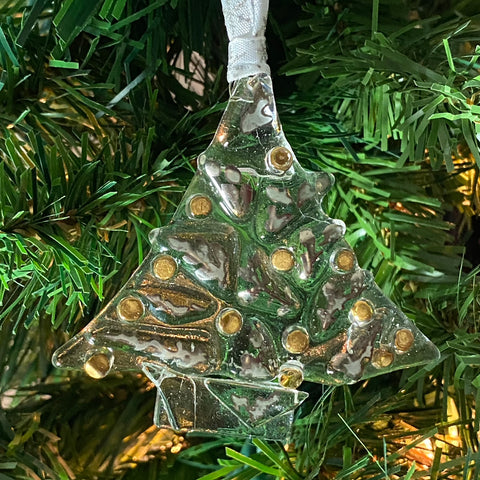 single 3 inches wide by 3 inches tall abstract clear tree ornament with fired on silver luster leaves and gold luster balls 
