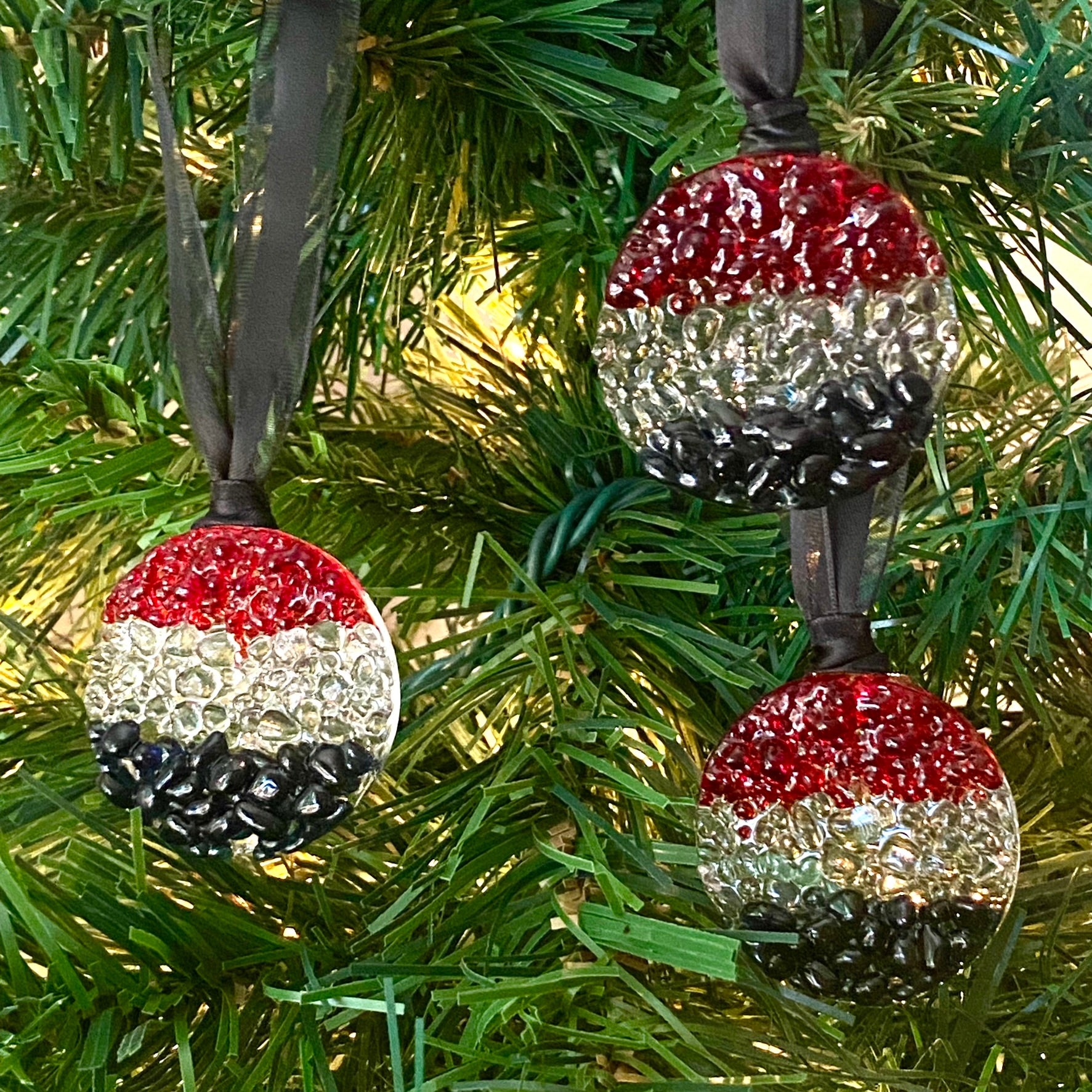 Three (3) Frit Circle Ornaments in Red, Clear & Black