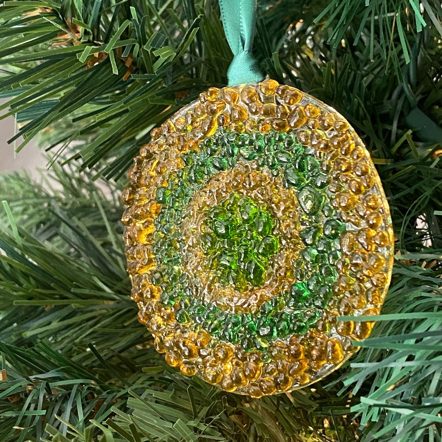 Bullseye Frit Ornament in Gold and Green