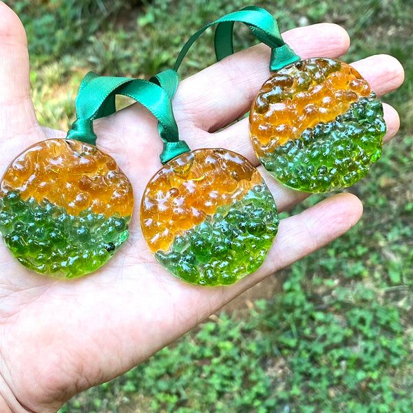 Three (3) Frit Circle Ornaments in Green and Gold