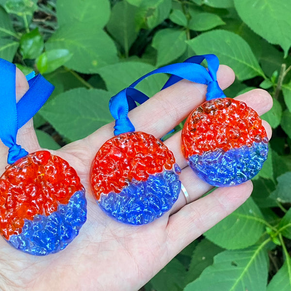 Three (3) Frit Circle Ornaments in Orange and Blue