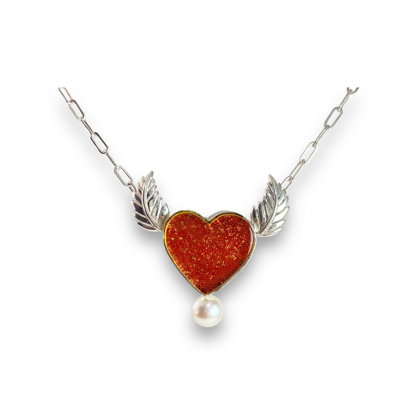 Heart Necklace in Amber with Pearl & Silver Wings