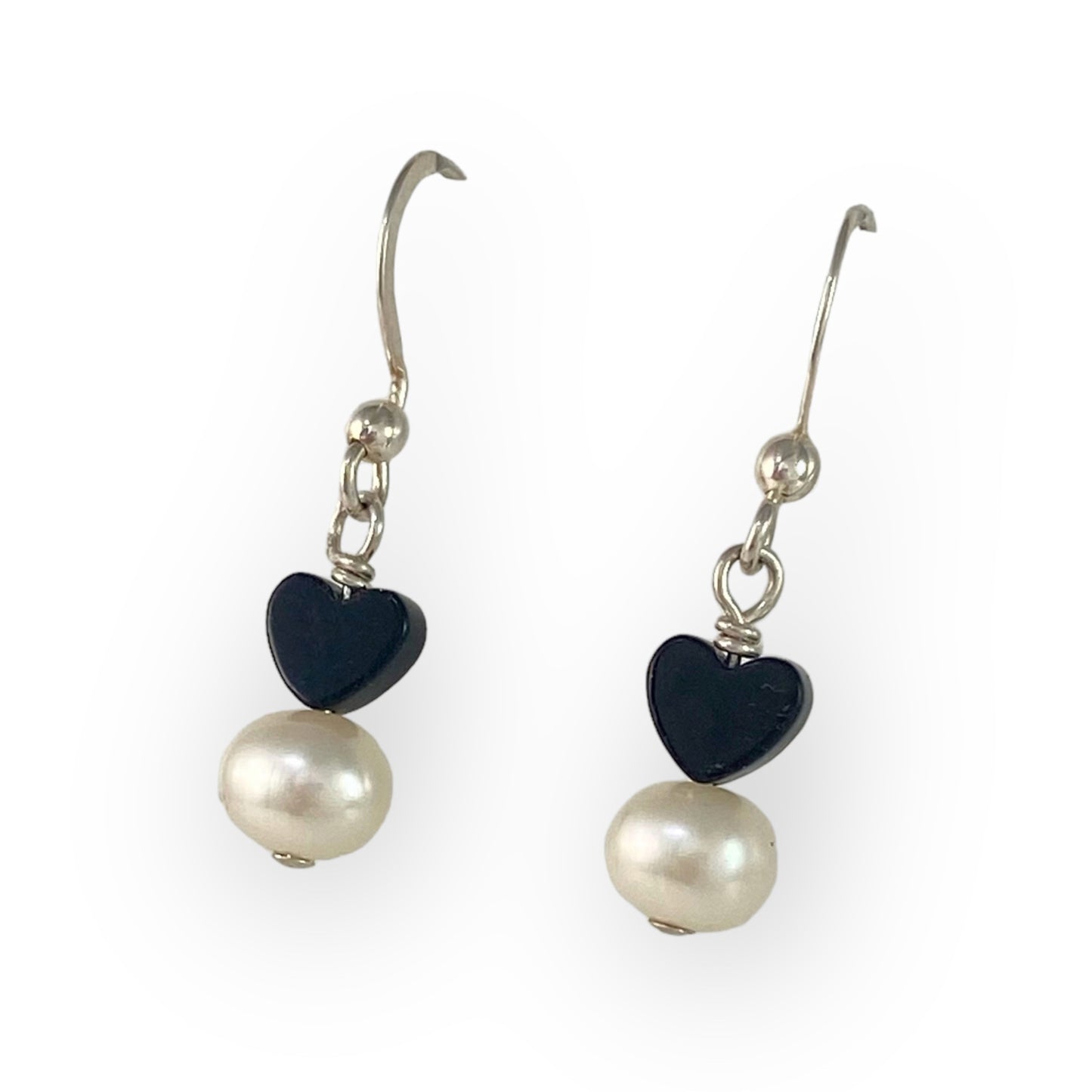 Tiny Black Onyx Heart Earrings with Pearl