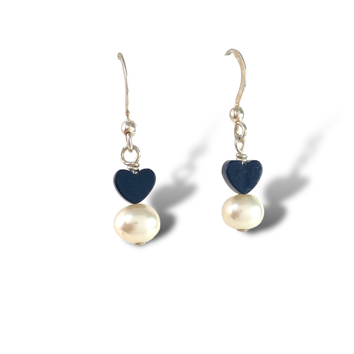 Tiny Black Onyx Heart Earrings with Pearl