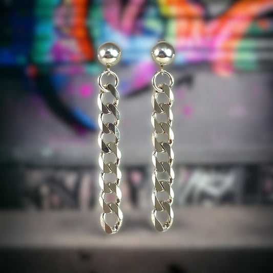 Flat Curb Chain Ball Post Earrings