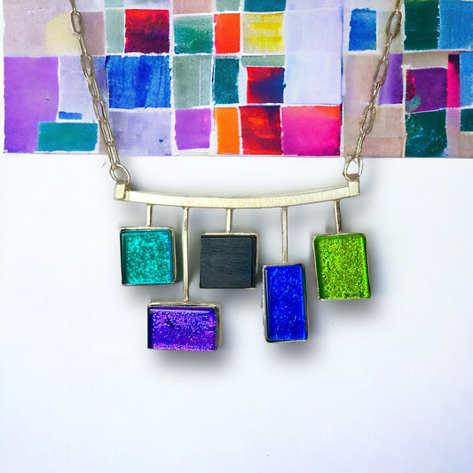 Five Element MCM Necklace in Blue, Green & Purple with Ebony