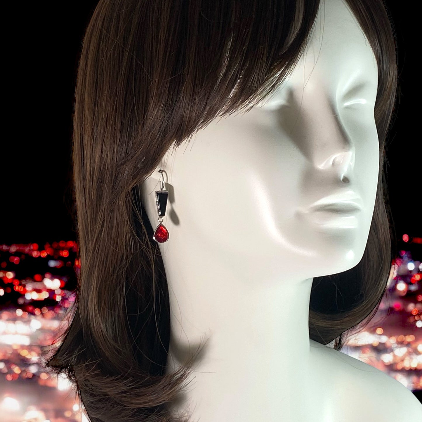 Double Drop Earrings in Black and Cherry