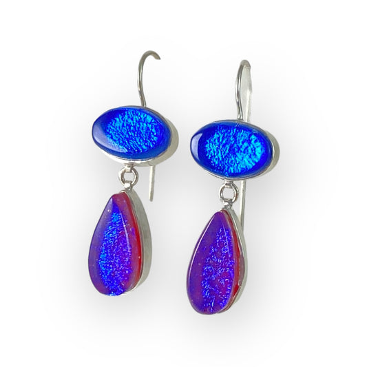 Double Drop Earrings in Azure and Raspberry