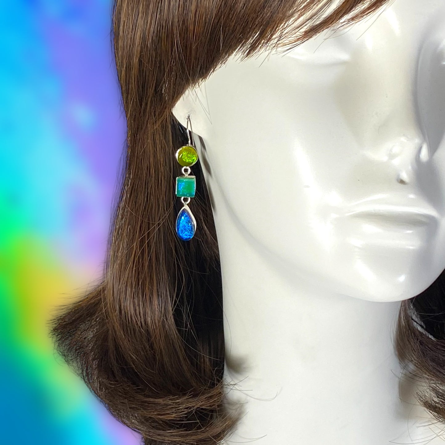 Triple Drop Earrings in Chartreuse, Caribbean & Midnight