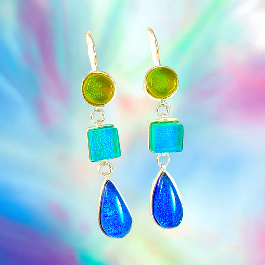 Triple Drop Earrings in Chartreuse, Caribbean & Midnight