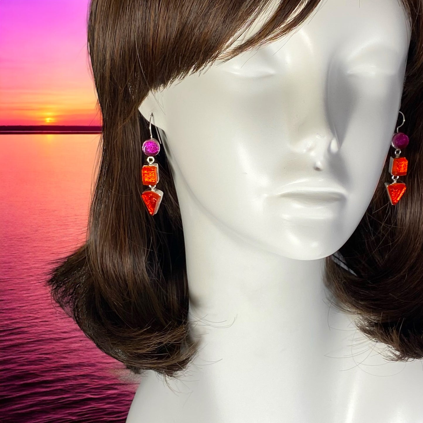 Triple Drop Earrings in Cranberry, Tangerine & Sangria