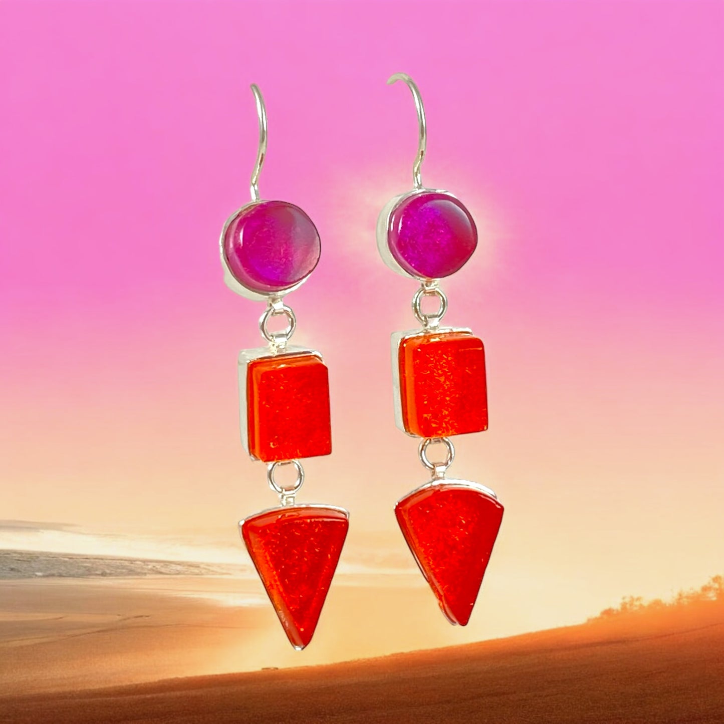 Triple Drop Earrings in Cranberry, Tangerine & Sangria