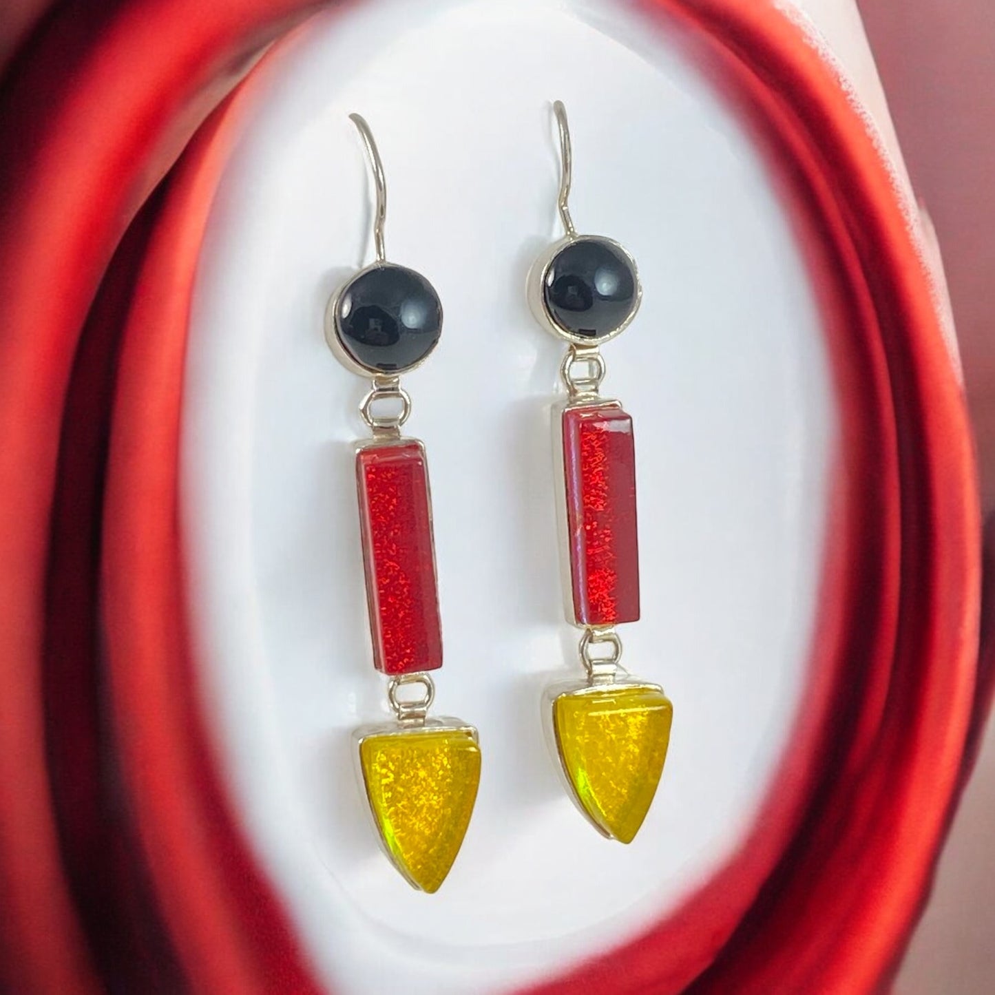 Triple Drop Earrings in Black, Cherry & Lemon