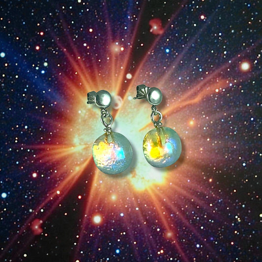 Post Space Ball Earrings in Blue/Orange Dichroic
