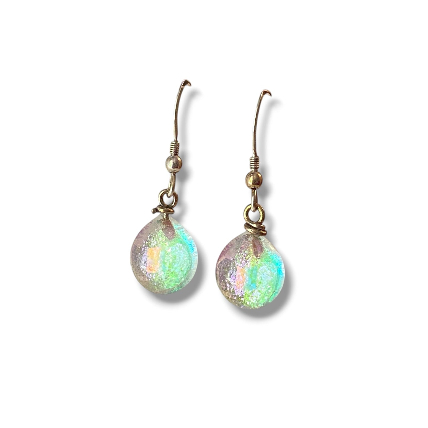 Space Ball Earrings in Green. Pink & Orange Dichroic